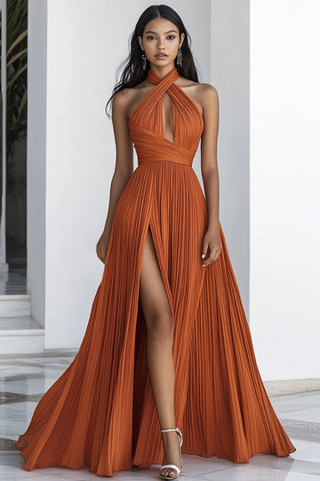Orange A Line Pleated Long Formal Dress